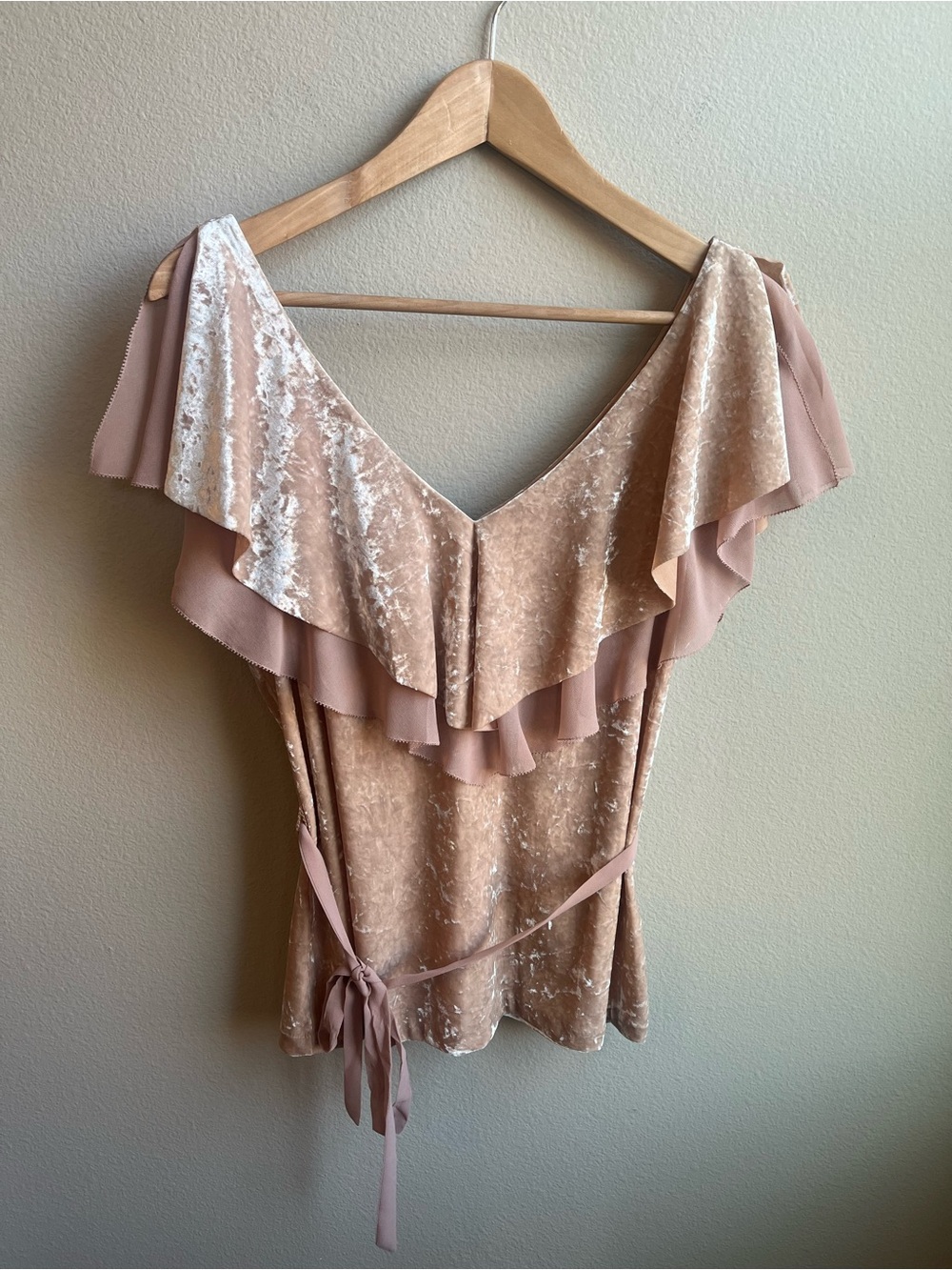 NWOT Blush Pink Velvet Ruffle Tie-Waist Blouse by White House Black Market - Picture 5 of 9